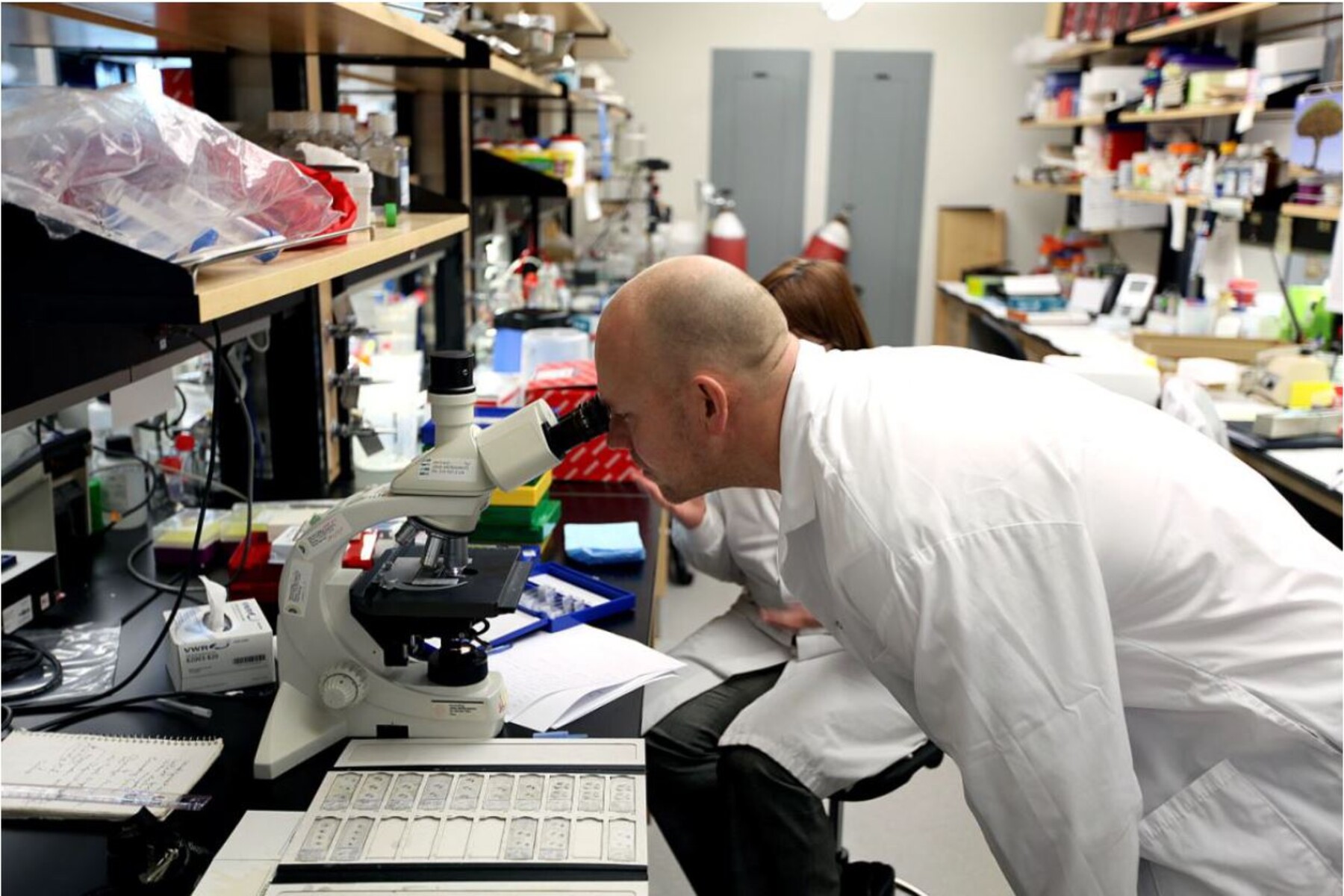 Mats Sundin looking through microscope in a research laboratory