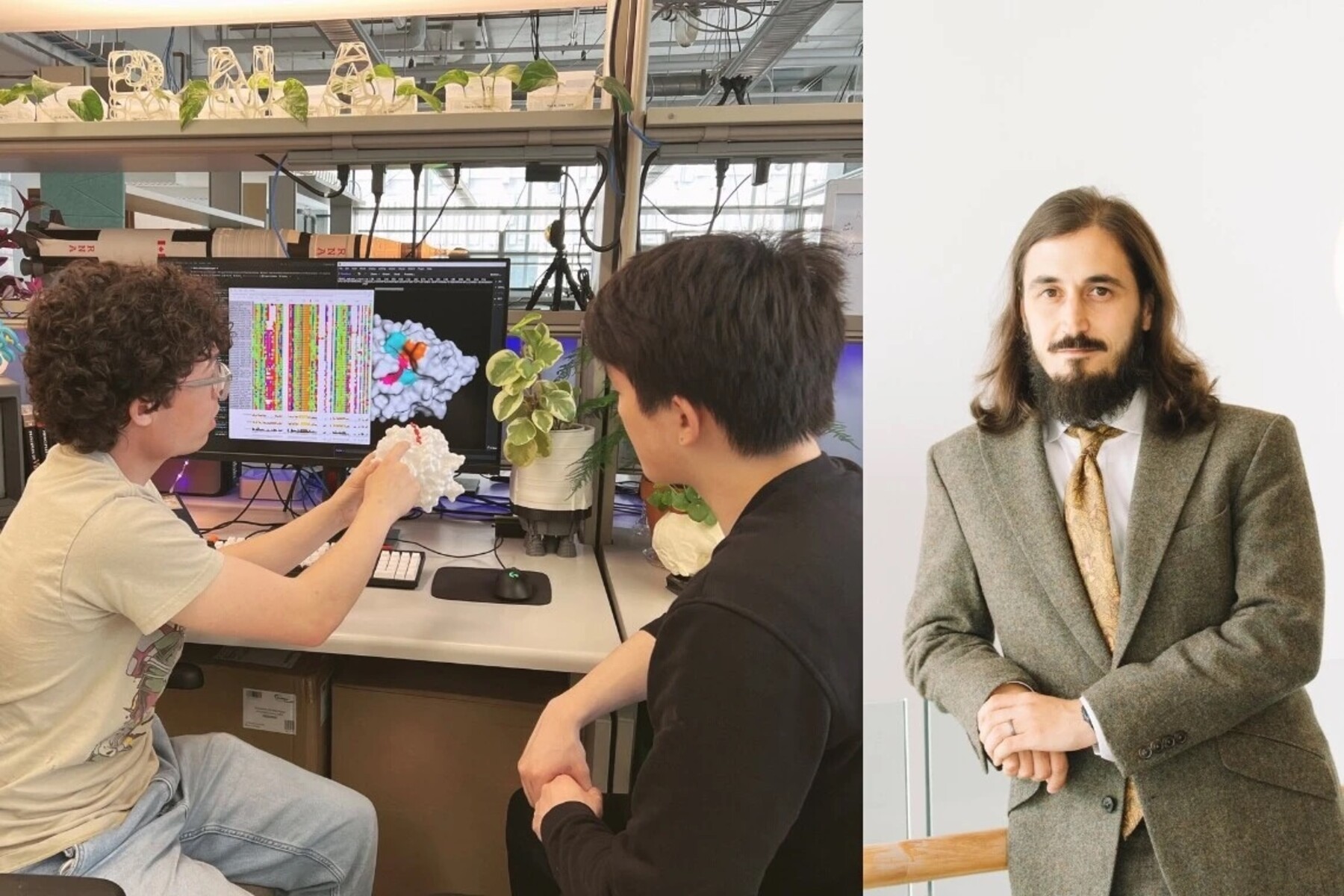 Two computational biologists sit in front of a computer and look at a 3D-printed model (left). A second image shows Artem Babaian (right).