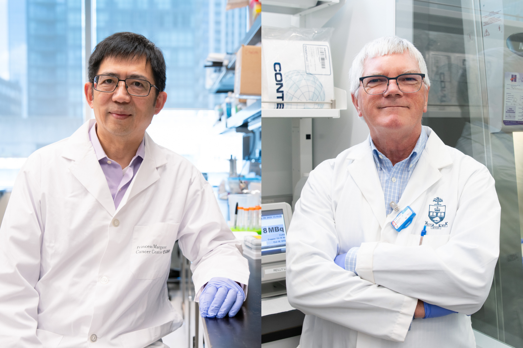 Side-by-side photos of Gang Zheng and Raymond Reilly both wearing white lab coats