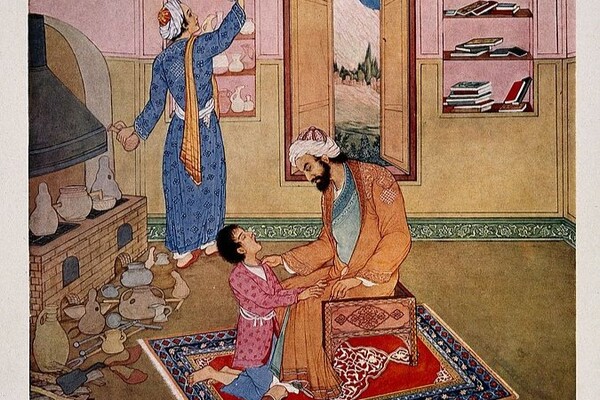 A coloured illustration of Abu Bakr al-Razi (also known as Rhazes), a physician, examines a kneeling boy who has his mouth wide open, they are in a surgery full of equipment. This colour process print was done by Hossein Behzad in 1964, and is hosted by Wellcome Images.