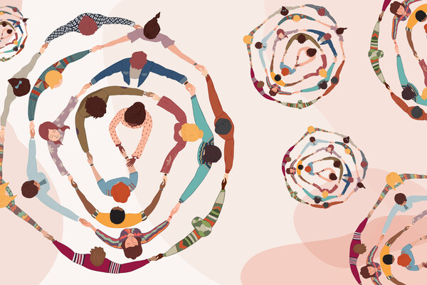 illustration of a diverse group of people forming a circle while holding hands