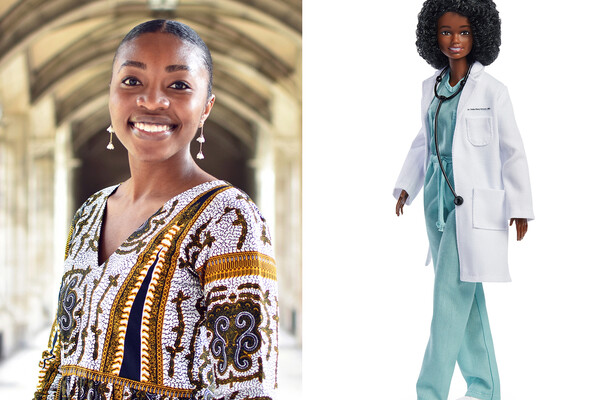 Photo of Chika Stacy Oriuwa and a Barbie doll made in her likenes. The doll is Black, and dressed in medical scrubs and a white coat.