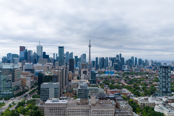 Aerial view of the University of Toronto campus looking south toward the CN Tower.