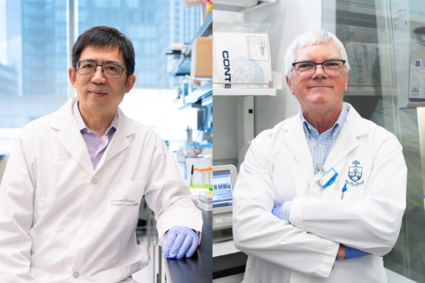 Side-by-side photos of Gang Zheng and Raymond Reilly both wearing white lab coats