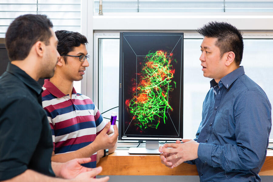 PhD candidates Abdullah Syed and Shrey Sindhwani in the lab of Professor Warren Chan (right); Credit Neil Ta