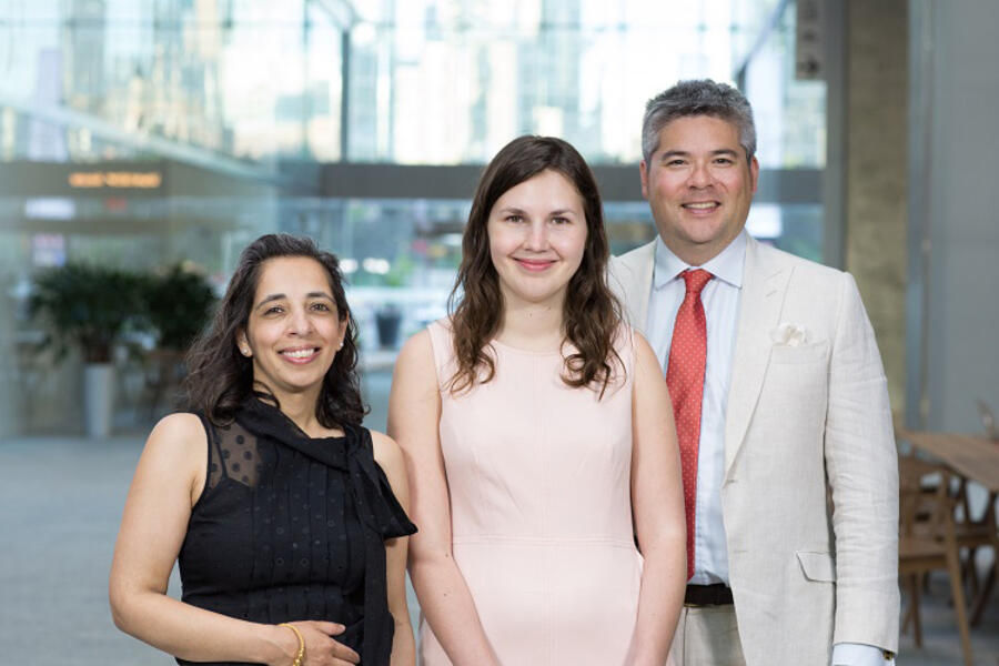 Professor Angela Jerath (left) with award recipient Alison Brandon and husband Jason Wong.