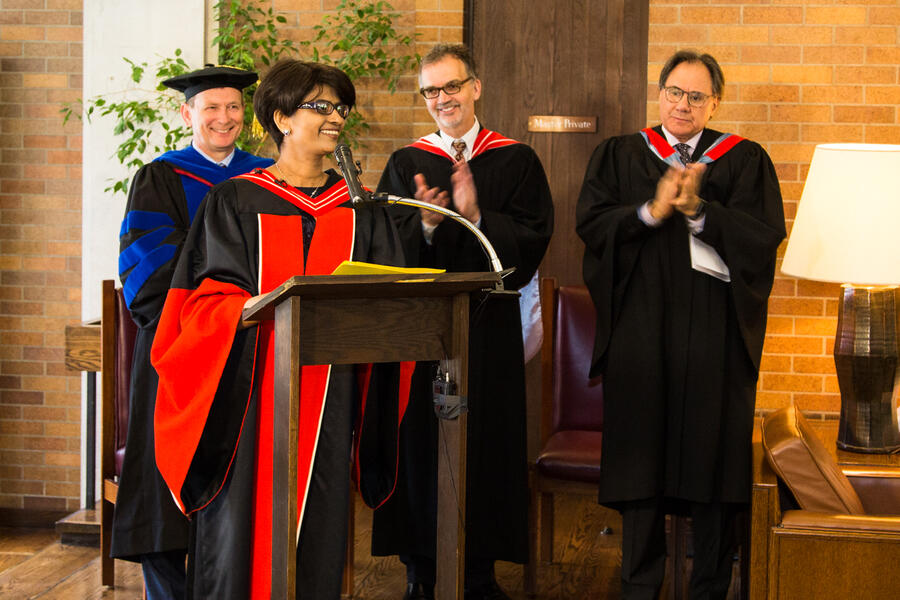 Precilla Veigas speaks at her degree presentation ceremony