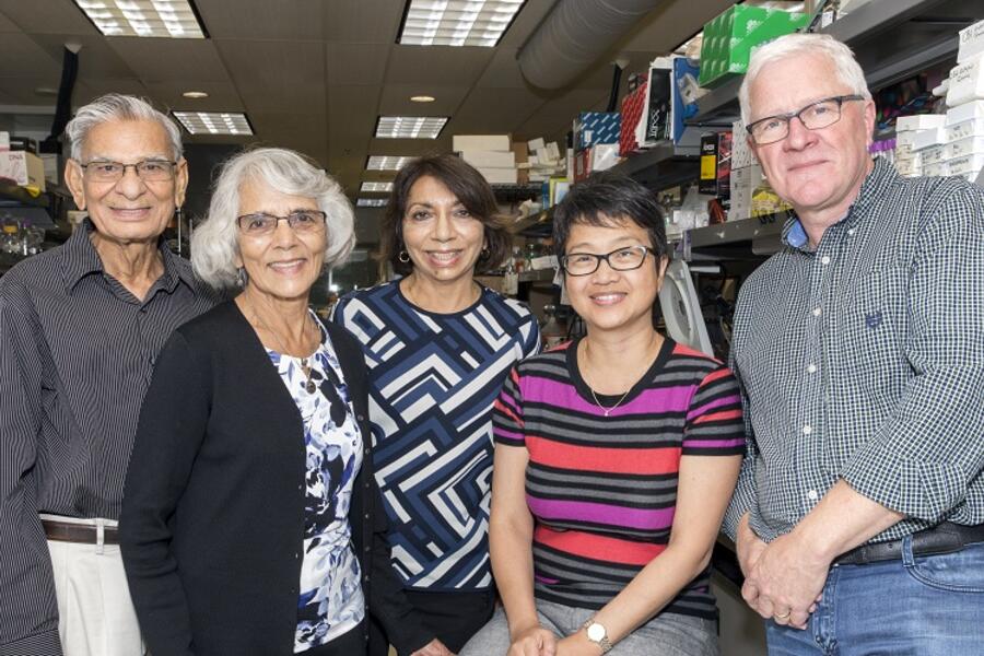 From left: Donors Brij Seth, Pushpa Seth and Sushila Naran Pancha meet with U of T Professors Jean Wang and John Dick to learn about their work researching leukemia.