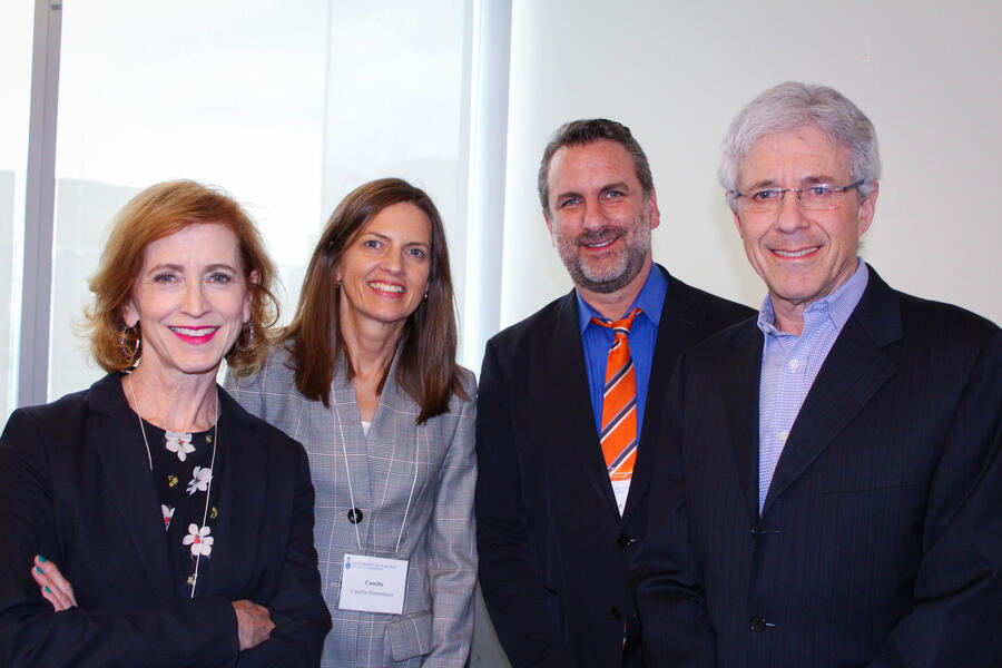 UofTMedTalks speakers, Maureen Taylor with Professors Camilla Zimmermann, Jeff Myers and Sandy Buchman