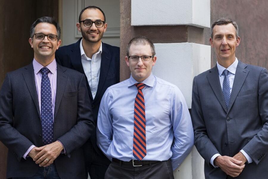 he Blair Early-Career Professors, Dr. Ahmed Kayssi, Dr. Mohammad Qadura and Dr. John Byrne with Dr. Thomas L. Forbes, Chair of the Division of Vascular Surgery. Photo by Matthew Volpe.