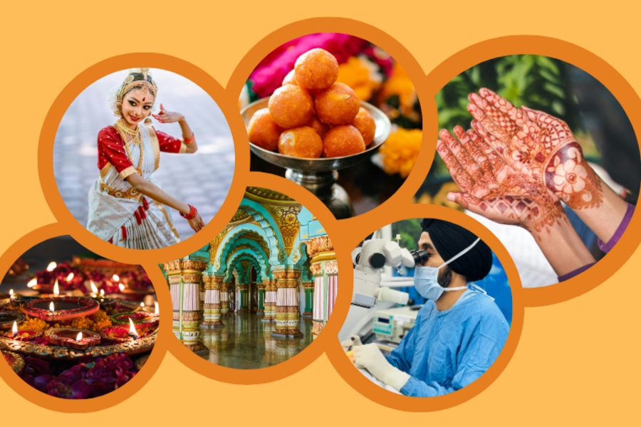 circular images on an orange background of South Asian cultural elements such as food, dance and architecture