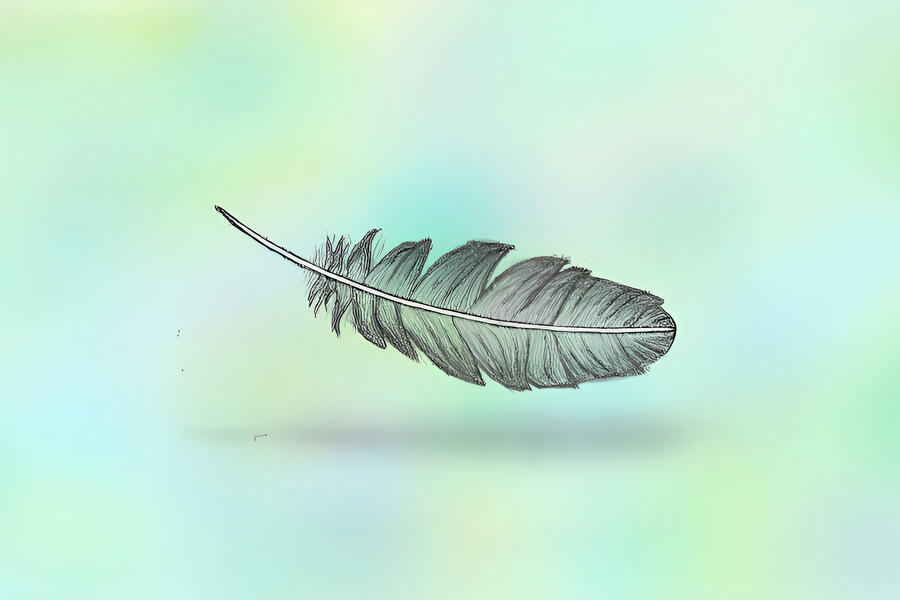 Feather on a blue-green tie-dye background with a shadow