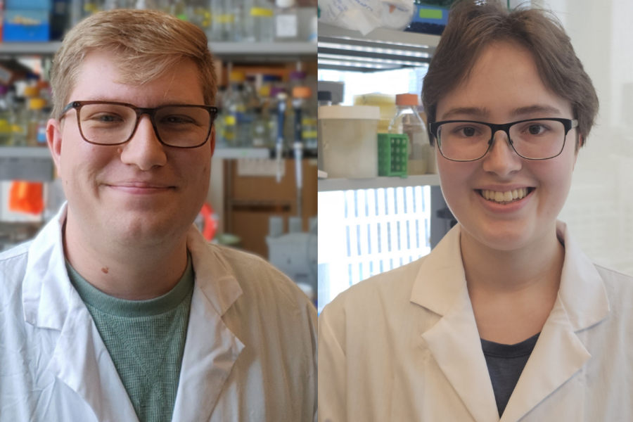 Headshots of Landon Getz (left) and Sam Fairborn wearing lab coats