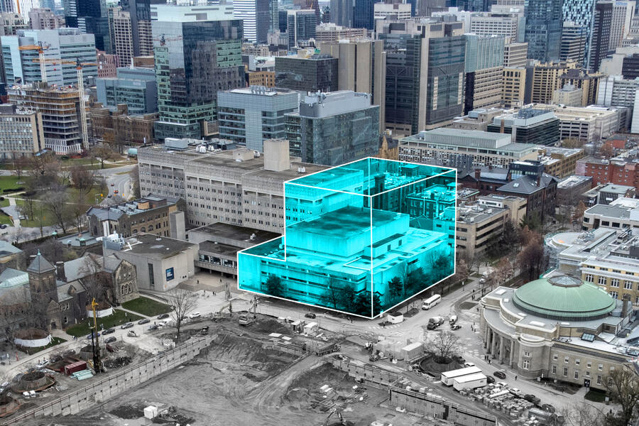 The Medical Sciences Building is seen with a rendering of where the future James and Louise Temerty Building will be built.