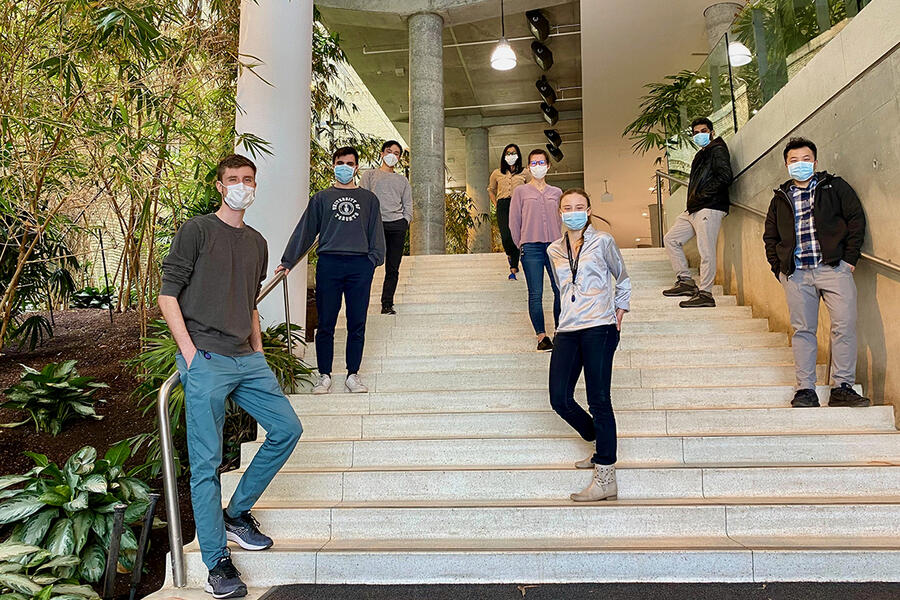 Students pictured inside the Donnelly Centre building wearing masks and maintaining physical distance due to the pandemic