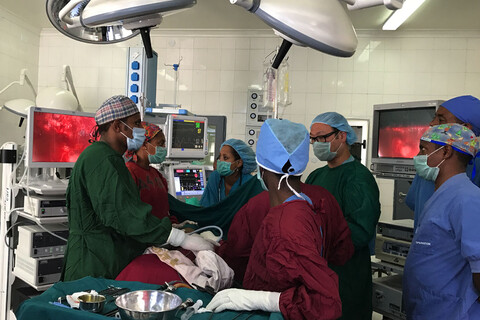 In a partnership between U of T and Addis Ababa University, Dr. Michael Ko (in glasses) shows Ethiopian counterparts how to perform minimally invasive thoracic surgery using donated equipment that had been left unused (photo courtesy of Dr. Michael Ko) In a partnership between U of T and Addis Ababa University, Dr. Michael Ko (in glasses) shows Ethiopian counterparts how to perform minimally invasive thoracic surgery using donated equipment that had been left unused (photo courtesy of Dr. Michael Ko)