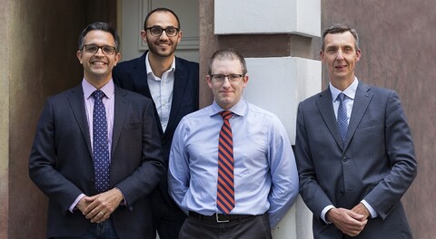 The Blair Early-Career Professors, Dr. Ahmed Kayssi, Dr. Mohammad Qadura and Dr. John Byrne with Dr. Thomas L. Forbes, Chair of the Division of Vascular Surgery. Photo by Matthew Volpe. he Blair Early-Career Professors, Dr. Ahmed Kayssi, Dr. Mohammad Qadura and Dr. John Byrne with Dr. Thomas L. Forbes, Chair of the Division of Vascular Surgery. Photo by Matthew Volpe.