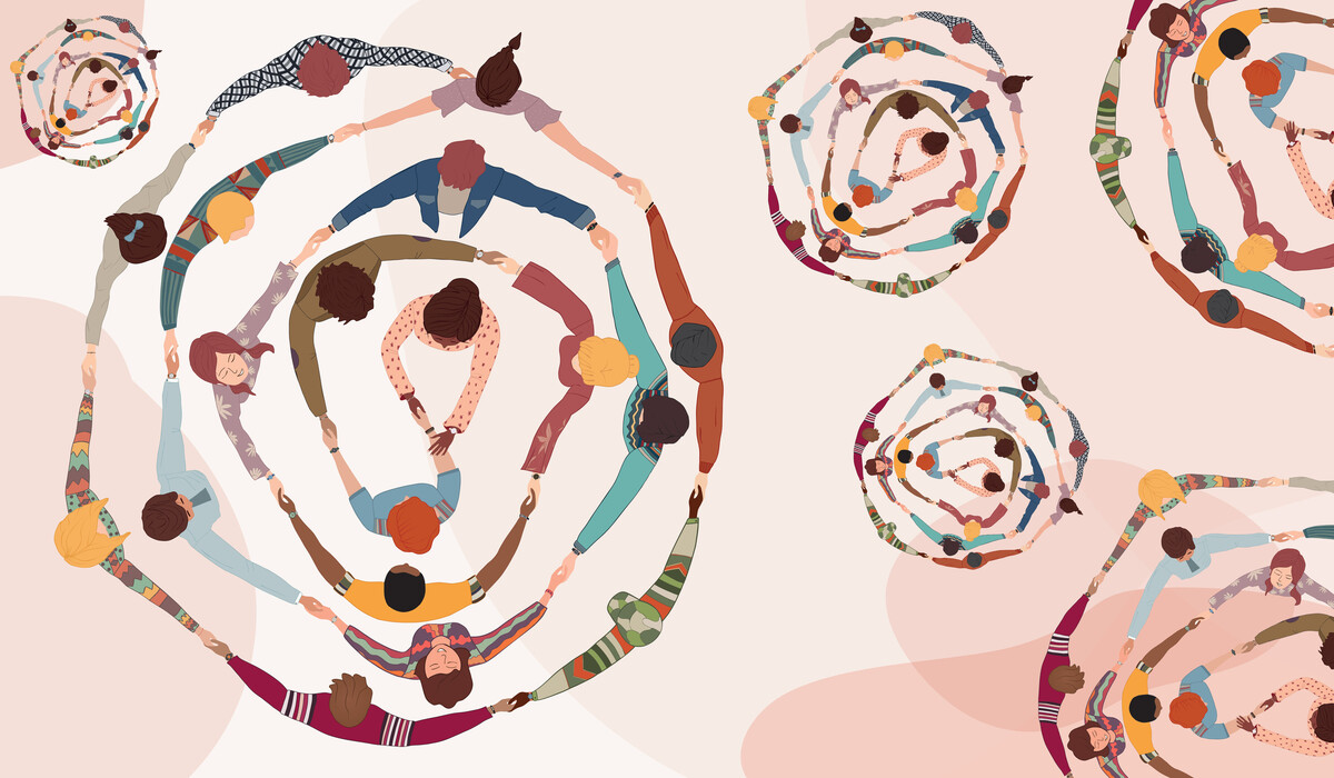 groups of diverse people holding hands and dancing in circles on a pink background