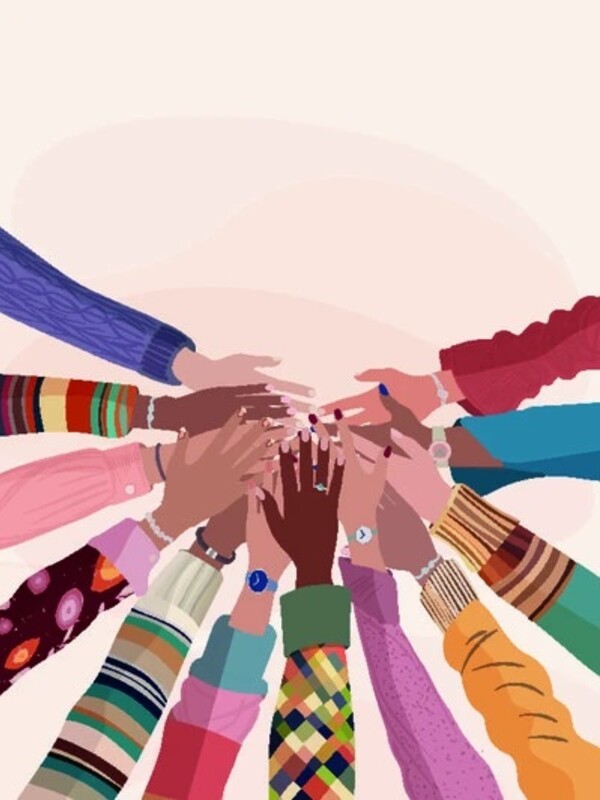 Illustration of diverse hands reaching in