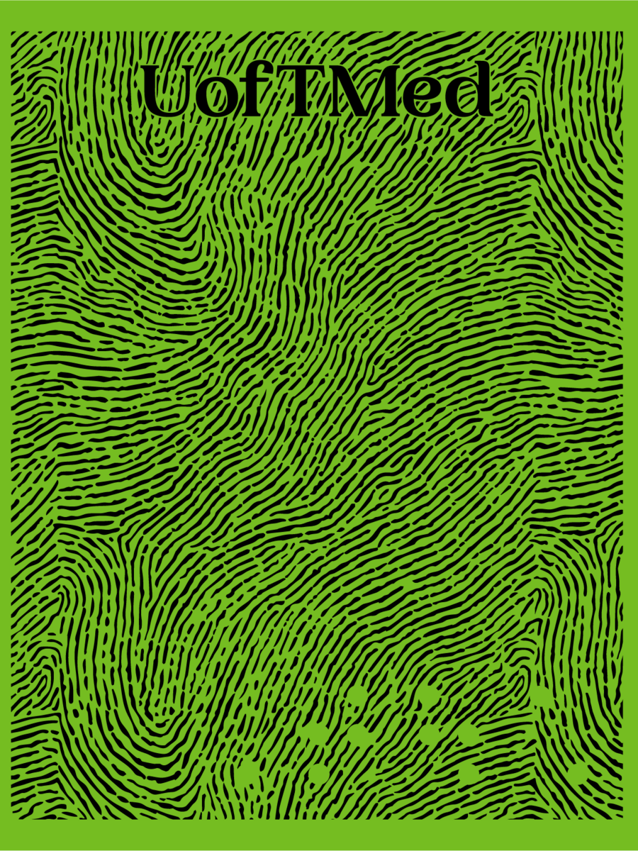 Illustrated cover of the issue - green background with fingerprint pattern