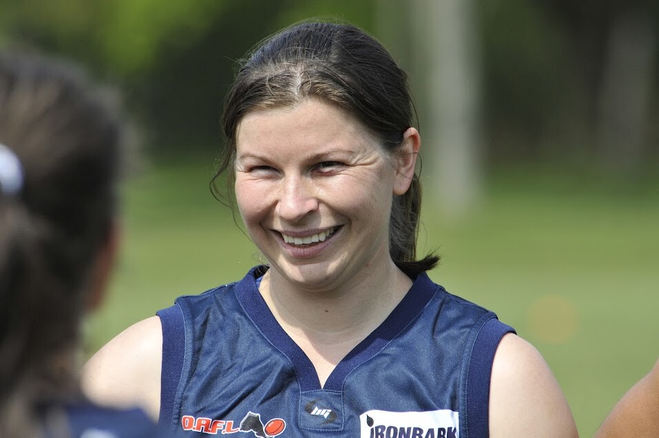 U of T Medicine employee Rochelle Allan is a member of the Central Blues AFC (Credit: Rob Colburn, OAFL Photos).