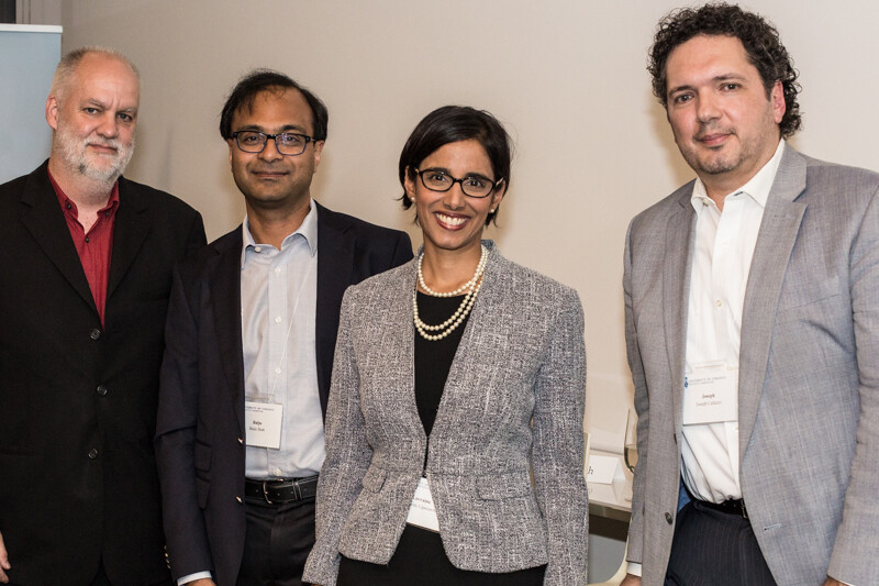 UofTMedTalks speakers: André Picard with Professors Baiju Shah, Lorraine Lipscombe and Joseph Cafazzo 