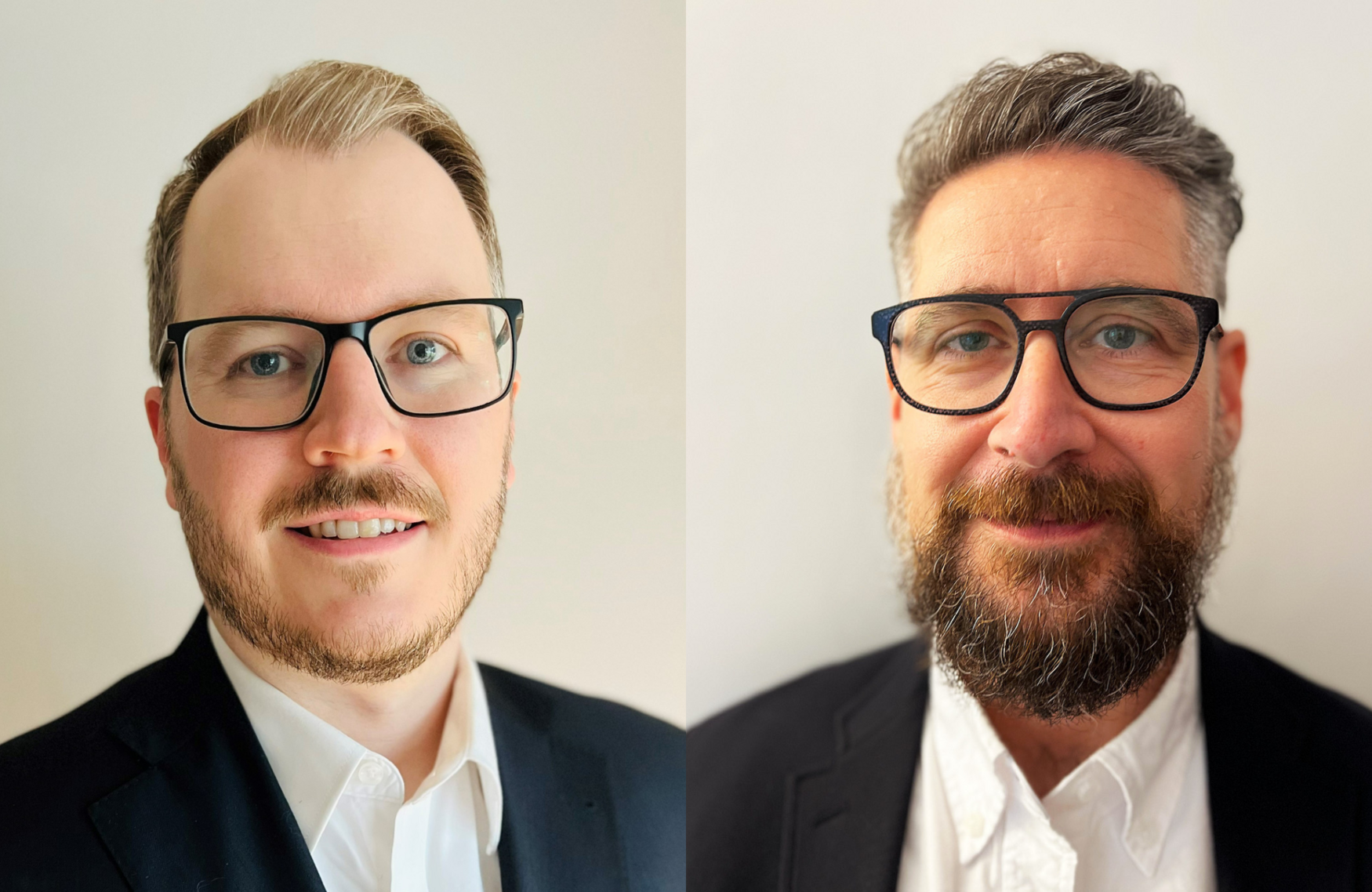 Headshots of Kyle Burrows and Arthur Mortha. Both wearing white shirts with black jackets.