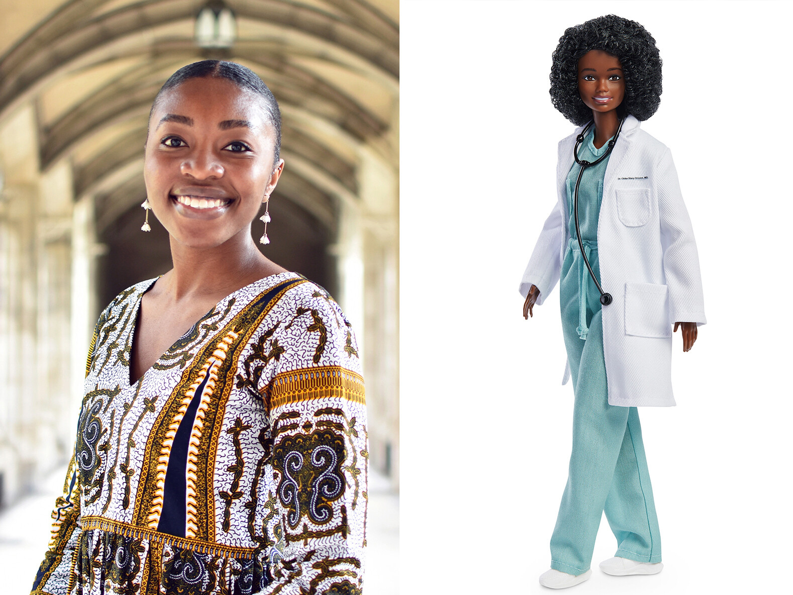 Photo of Chika Stacy Oriuwa and a Barbie doll made in her likenes. The doll is Black, and dressed in medical scrubs and a white coat.