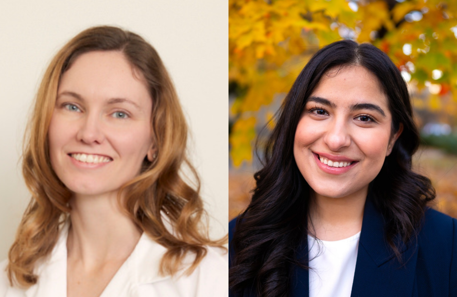 Headshots of Claire Jones (left) and Vrati Mehra (right)