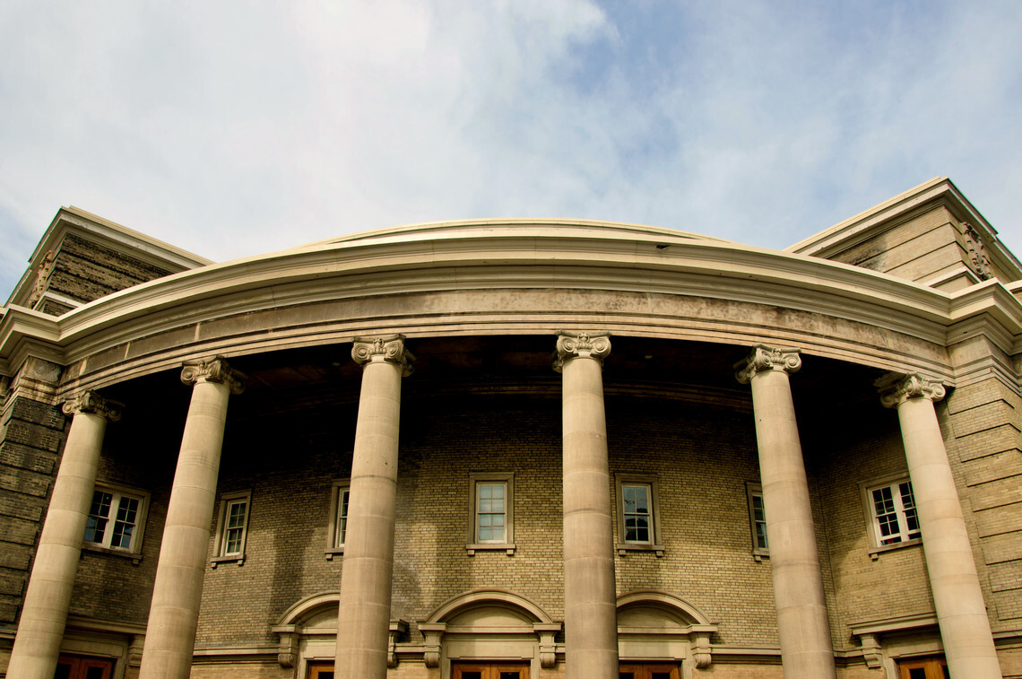 Exterior view of Convocation Hall's roofline.
