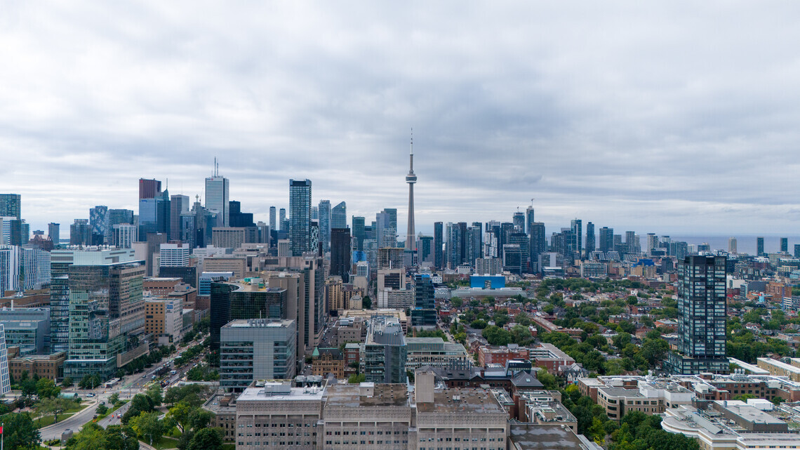 Aerial view of the University of Toronto campus looking south toward the CN Tower.