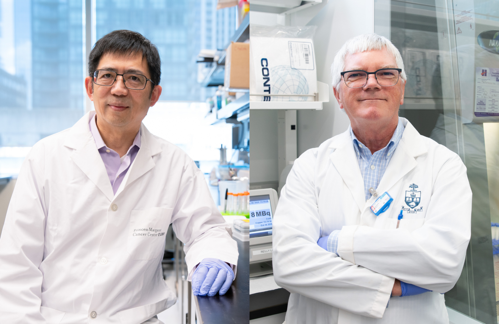 Side-by-side photos of Gang Zheng and Raymond Reilly both wearing white lab coats