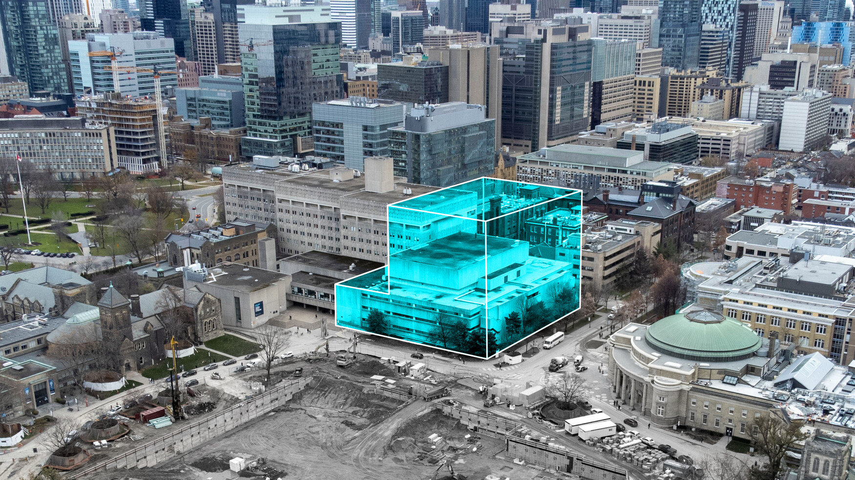 The Medical Sciences Building is seen with a rendering of where the future James and Louise Temerty Building will be built.