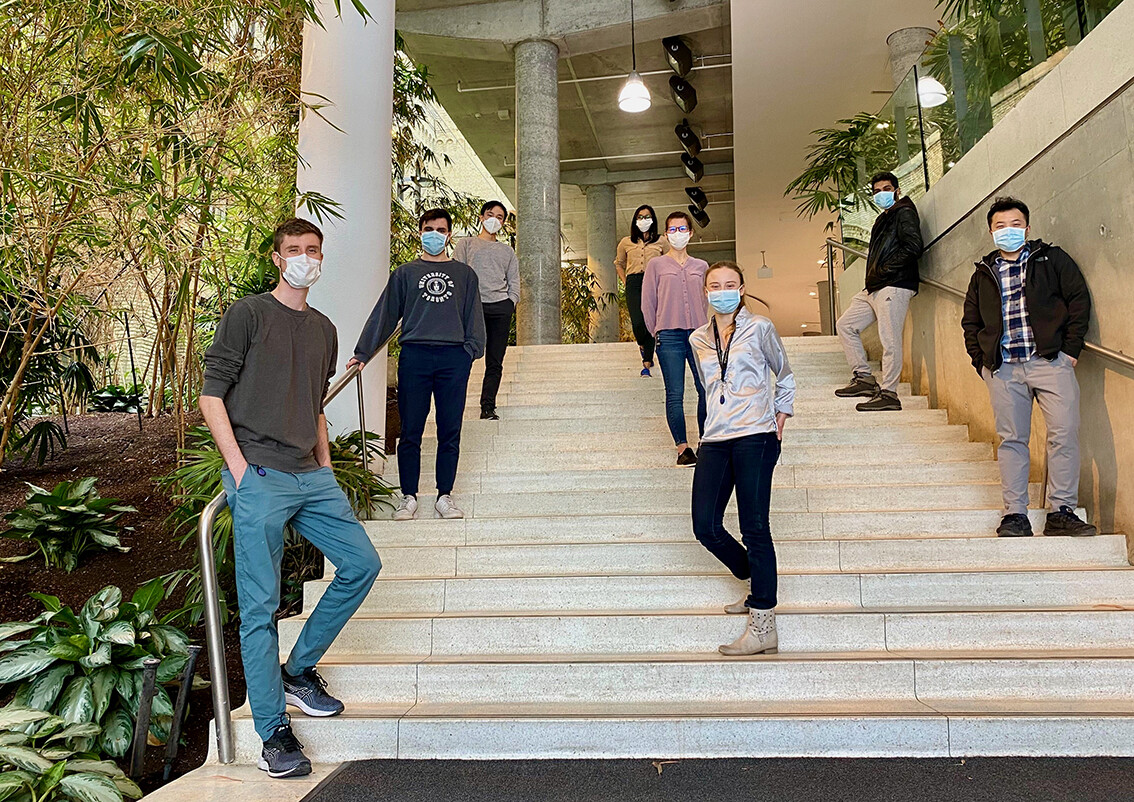 Students pictured inside the Donnelly Centre building wearing masks and maintaining physical distance due to the pandemic
