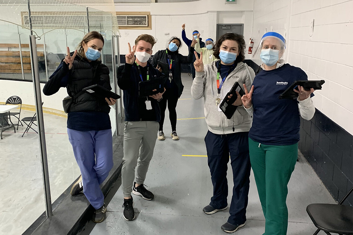 Left to right: Susannah Merritt, Noah Schonewille, Upasana Saha (middle, rear), Cass Mackey and Erin Bearss at the Albion Arena (photo courtesy of Erin Bearss)