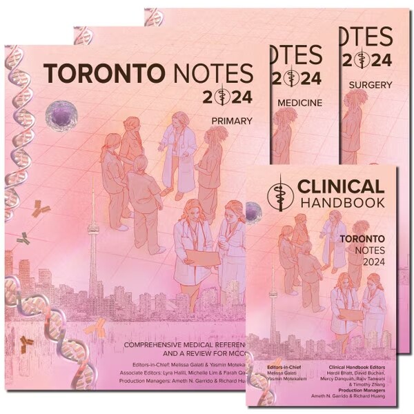 A collection of several Toronto Notes textbooks, each with a peach-colored cover
